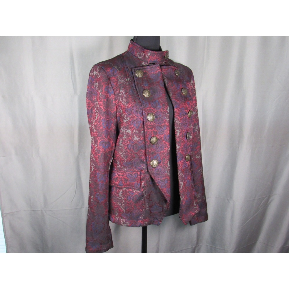 Free People Burgundy Floral Brocade Military Blazer Jacket Metallic Crest Medium - Picture 4 of 11